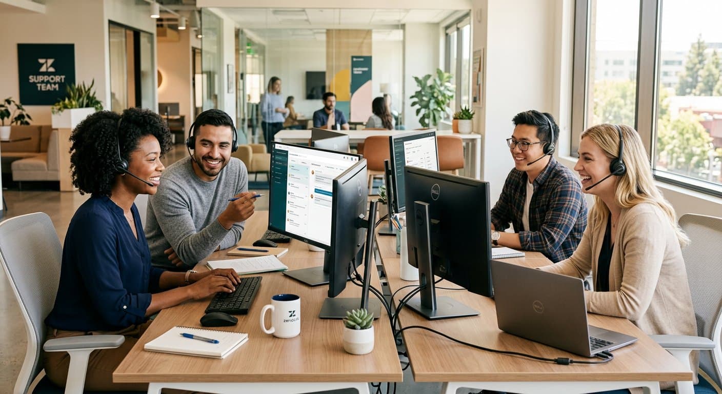 Customer support team working together