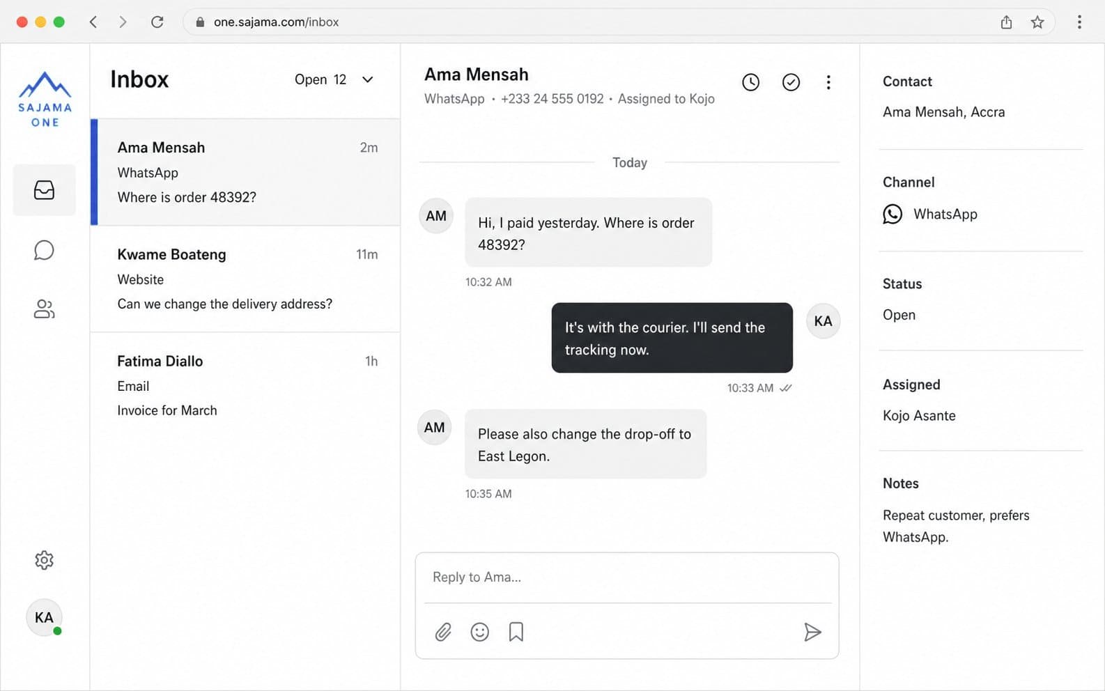 Sajama One shared inbox with website, WhatsApp and email conversations in one queue